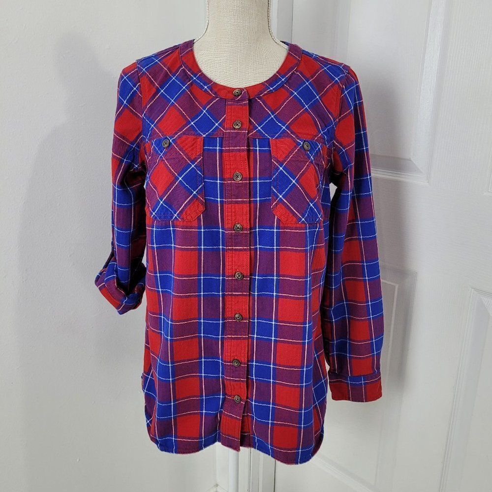Duluth Top Womens Small Red Plaid Free Swingin Flannel Tunic Roll Tab Sleeves